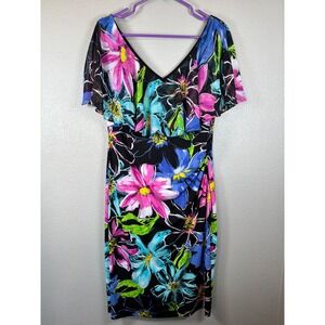 Connected Apparel Women's Size 14 Black Floral Flutter Sleeve V-Neck Midi Dress